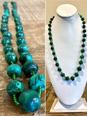 Green Malachite Stone Beaded Necklace Graduated Beads with Glass Bead Spacers